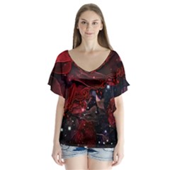 Beautiful Red Roses V-neck Flutter Sleeve Top by FantasyWorld7