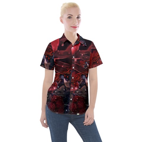 Beautiful Red Roses Women s Short Sleeve Pocket Shirt by FantasyWorld7