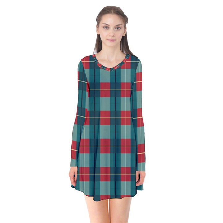 Pattern Texture Plaid Long Sleeve V-neck Flare Dress