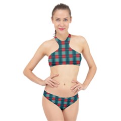 Pattern Texture Plaid High Neck Bikini Set