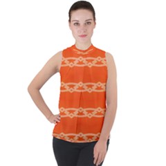 Pattern Orange Mock Neck Chiffon Sleeveless Top by HermanTelo