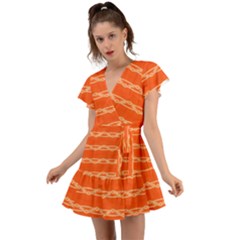 Pattern Orange Flutter Sleeve Wrap Dress