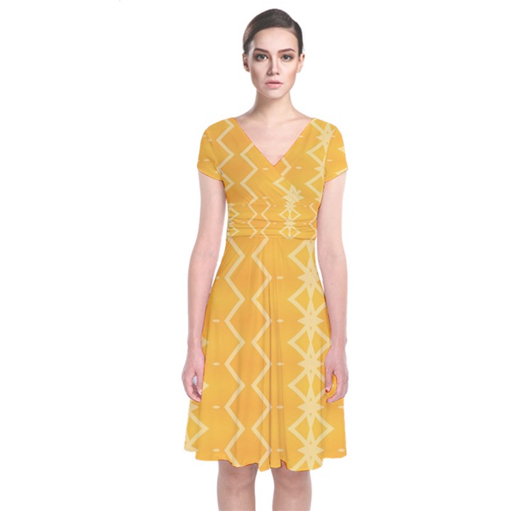 Pattern Yellow Short Sleeve Front Wrap Dress