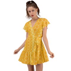 Pattern Yellow Flutter Sleeve Wrap Dress