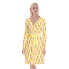 Yellow Pink Long Sleeve Velvet Front Wrap Dress