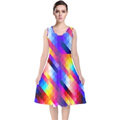 Abstract Blue Background Colorful Pattern V-neck Midi Sleeveless Dress 