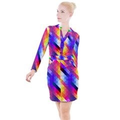 Abstract Blue Background Colorful Pattern Button Long Sleeve Dress