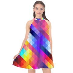 Abstract Blue Background Colorful Pattern Halter Neckline Chiffon Dress  by HermanTelo