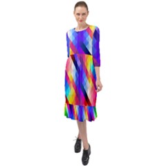 Abstract Blue Background Colorful Pattern Ruffle End Midi Chiffon Dress