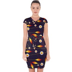 Flower Buds Floral Background Capsleeve Drawstring Dress 