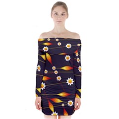 Flower Buds Floral Background Long Sleeve Off Shoulder Dress