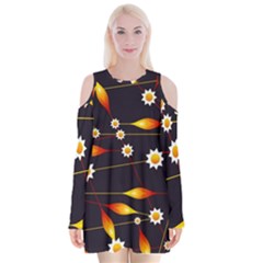 Flower Buds Floral Background Velvet Long Sleeve Shoulder Cutout Dress