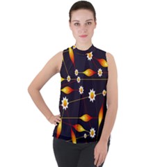 Flower Buds Floral Background Mock Neck Chiffon Sleeveless Top