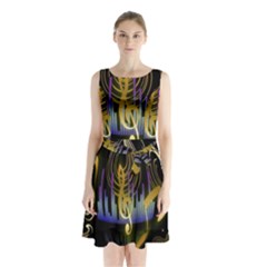 Background Level Clef Note Music Sleeveless Waist Tie Chiffon Dress