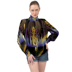 Background Level Clef Note Music High Neck Long Sleeve Chiffon Top by HermanTelo