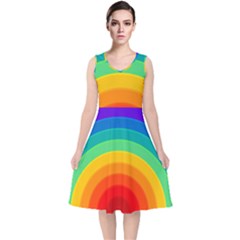 Rainbow Background Colorful V-neck Midi Sleeveless Dress 