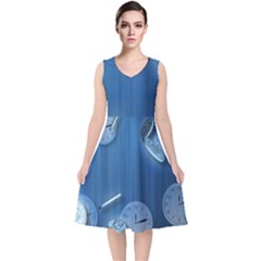 Time Clock Watch Hours V-neck Midi Sleeveless Dress 