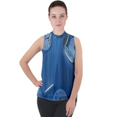 Time Clock Watch Hours Mock Neck Chiffon Sleeveless Top