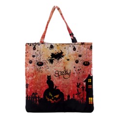 Funny Halloween Design, Cat, Pumpkin And Witch Grocery Tote Bag by FantasyWorld7