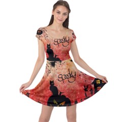 Funny Halloween Design, Cat, Pumpkin And Witch Cap Sleeve Dress by FantasyWorld7