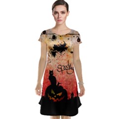 Funny Halloween Design, Cat, Pumpkin And Witch Cap Sleeve Nightdress by FantasyWorld7