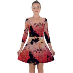 Funny Halloween Design, Cat, Pumpkin And Witch Quarter Sleeve Skater Dress by FantasyWorld7