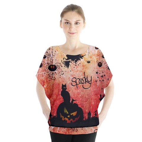 Funny Halloween Design, Cat, Pumpkin And Witch Batwing Chiffon Blouse by FantasyWorld7