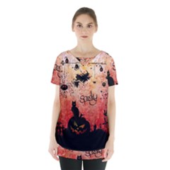 Funny Halloween Design, Cat, Pumpkin And Witch Skirt Hem Sports Top by FantasyWorld7