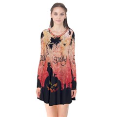 Funny Halloween Design, Cat, Pumpkin And Witch Long Sleeve V-neck Flare Dress