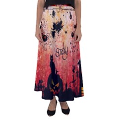 Funny Halloween Design, Cat, Pumpkin And Witch Flared Maxi Skirt by FantasyWorld7