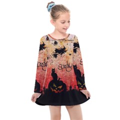 Funny Halloween Design, Cat, Pumpkin And Witch Kids  Long Sleeve Dress by FantasyWorld7