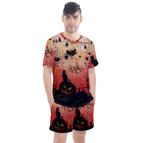 Funny Halloween Design, Cat, Pumpkin And Witch Men s Mesh Tee And Shorts Set by FantasyWorld7