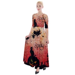 Funny Halloween Design, Cat, Pumpkin And Witch Half Sleeves Maxi Dress by FantasyWorld7