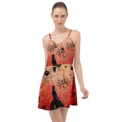 Funny Halloween Design, Cat, Pumpkin And Witch Summer Time Chiffon Dress by FantasyWorld7