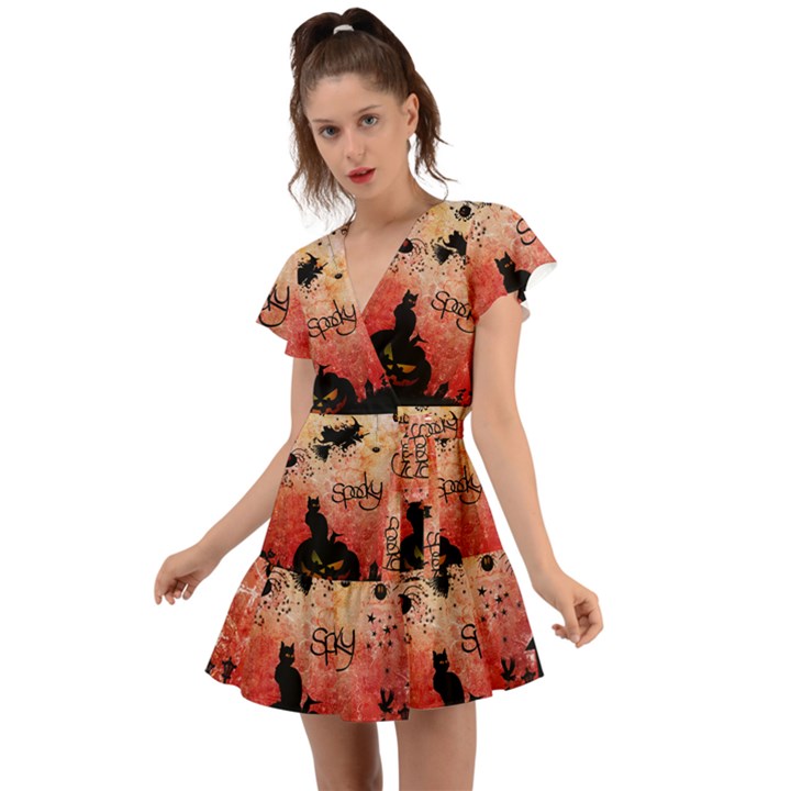 Funny Halloween Design, Cat, Pumpkin And Witch Flutter Sleeve Wrap Dress