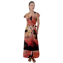 Funny Halloween Design, Cat, Pumpkin And Witch Flutter Sleeve Maxi Dress