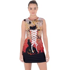 Funny Halloween Design, Cat, Pumpkin And Witch Lace Up Front Bodycon Dress by FantasyWorld7