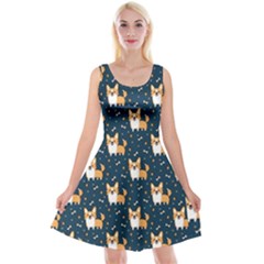 Cute Cartoon Welsh Corgi Dog Blue Reversible Velvet Sleeveless Dress