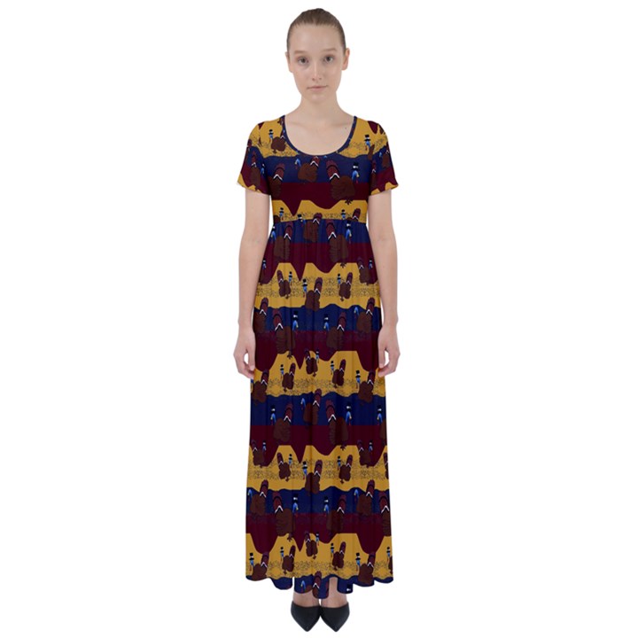 Turkey Pattern High Waist Short Sleeve Maxi Dress