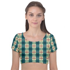 Pattern Texture Plaid Grey Velvet Short Sleeve Crop Top 