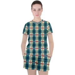 Pattern Texture Plaid Grey Women s Tee And Shorts Set