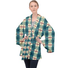 Pattern Texture Plaid Grey Long Sleeve Velvet Kimono 