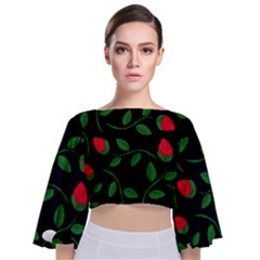 Roses Flowers Spring Flower Nature Tie Back Butterfly Sleeve Chiffon Top