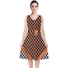 Heart Chess Board Checkerboard V-neck Midi Sleeveless Dress  by HermanTelo