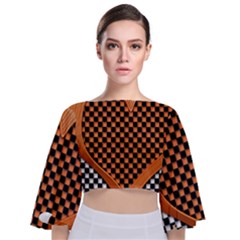 Heart Chess Board Checkerboard Tie Back Butterfly Sleeve Chiffon Top