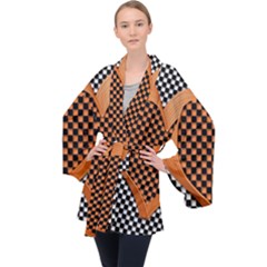 Heart Chess Board Checkerboard Long Sleeve Velvet Kimono 