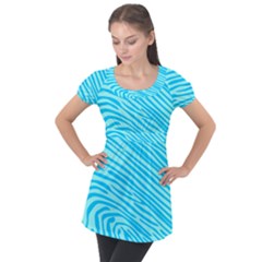 Pattern Texture Blue Puff Sleeve Tunic Top