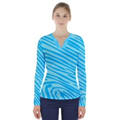 Pattern Texture Blue V-neck Long Sleeve Top