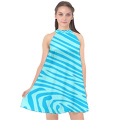 Pattern Texture Blue Halter Neckline Chiffon Dress 