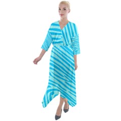 Pattern Texture Blue Quarter Sleeve Wrap Front Maxi Dress